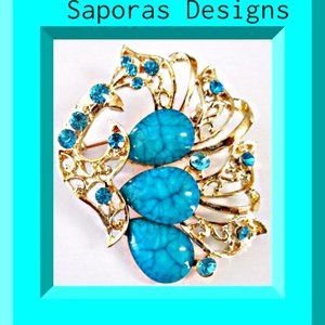Gold Tone Peacock Design Brooch With Blue Crystals & Blue Beads